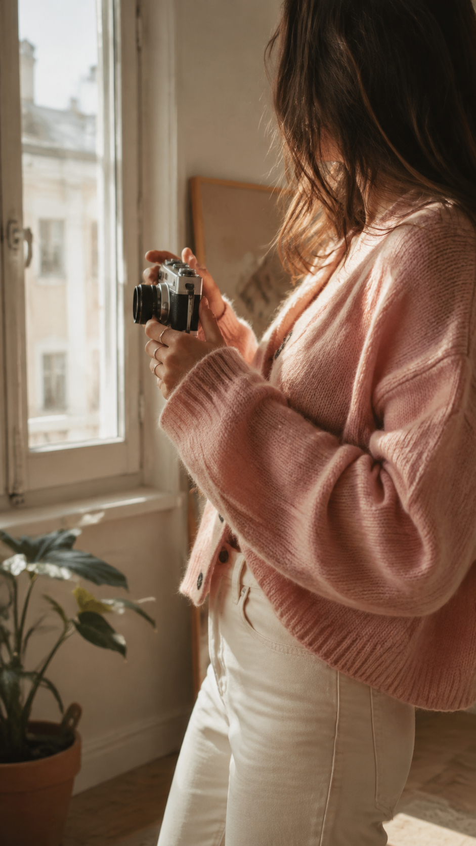 Creatorin mit Kamera am Fenster